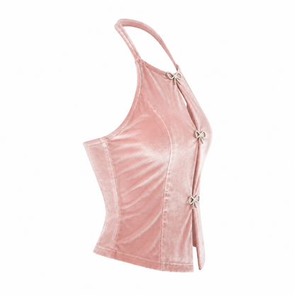Top Halter Terciopelo Rosado con Lazos - Coquette