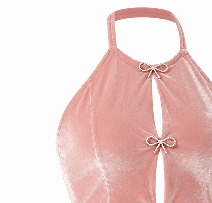 Top Halter Terciopelo Rosado con Lazos - Coquette