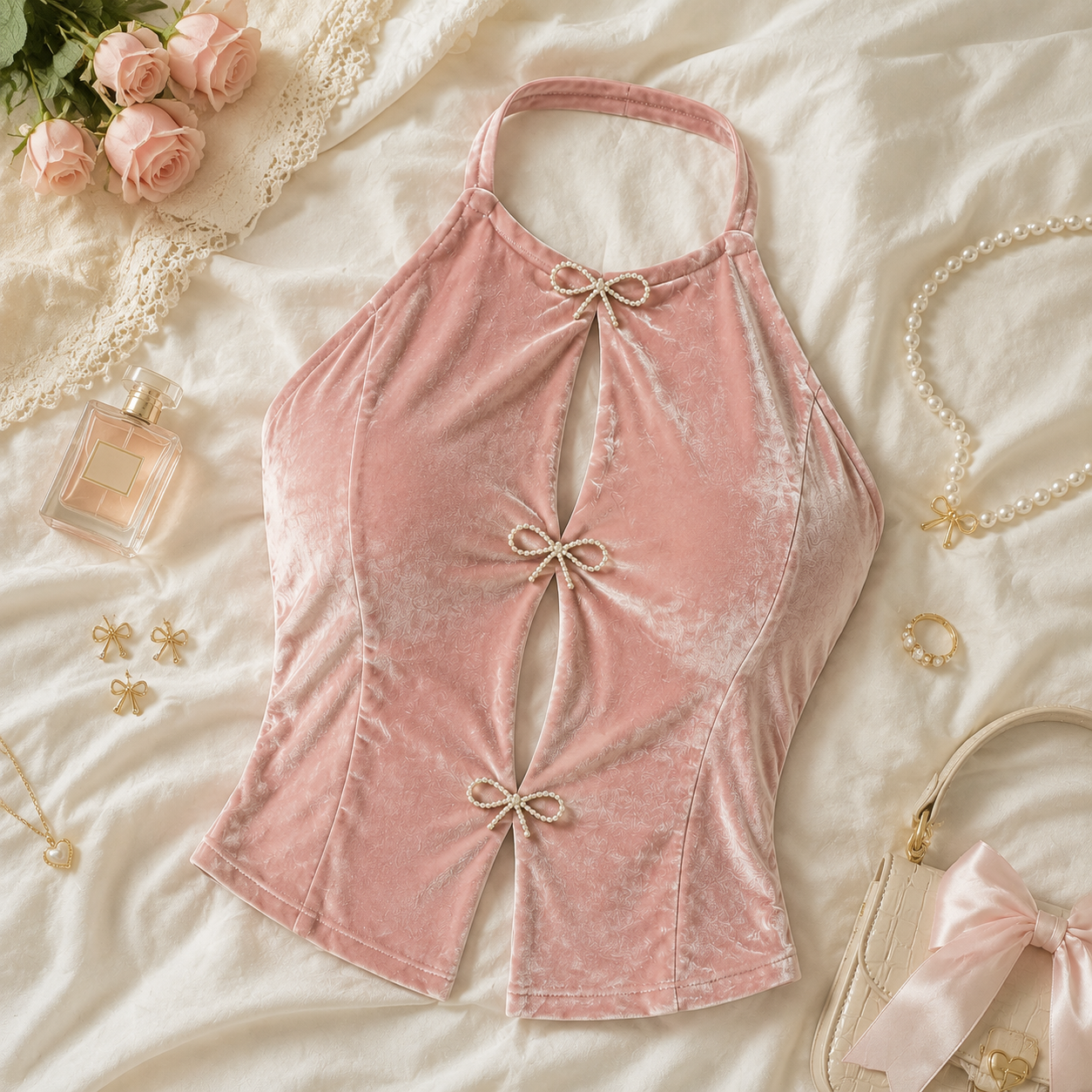 Top Halter Terciopelo Rosado con Lazos - Coquette