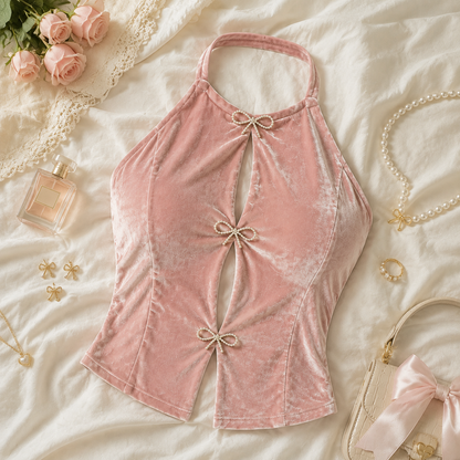 Top Halter Terciopelo Rosado con Lazos - Coquette