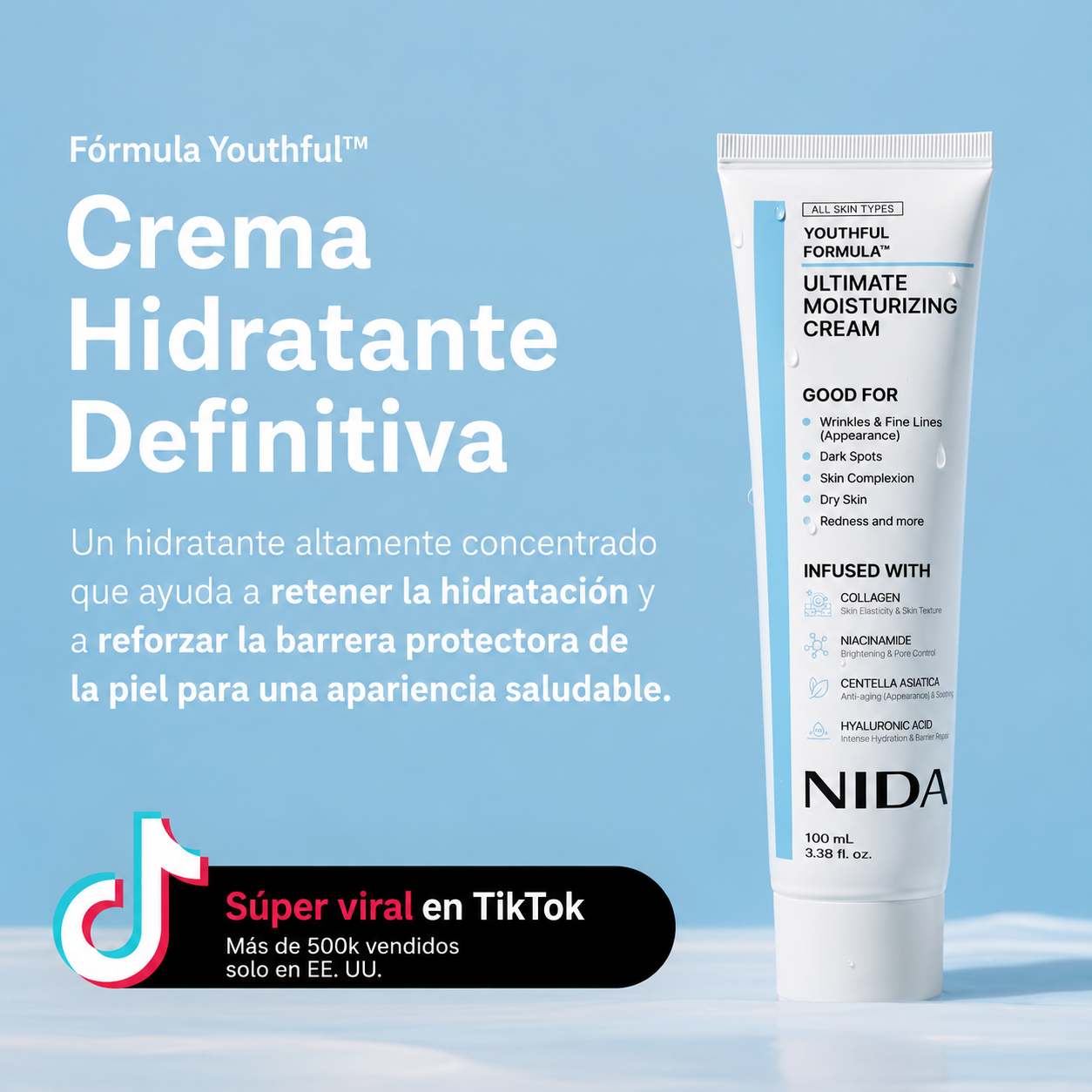 Crema Nida Antiedad Colágeno Niacinamida Centella y Hialurónico Youthful Formula