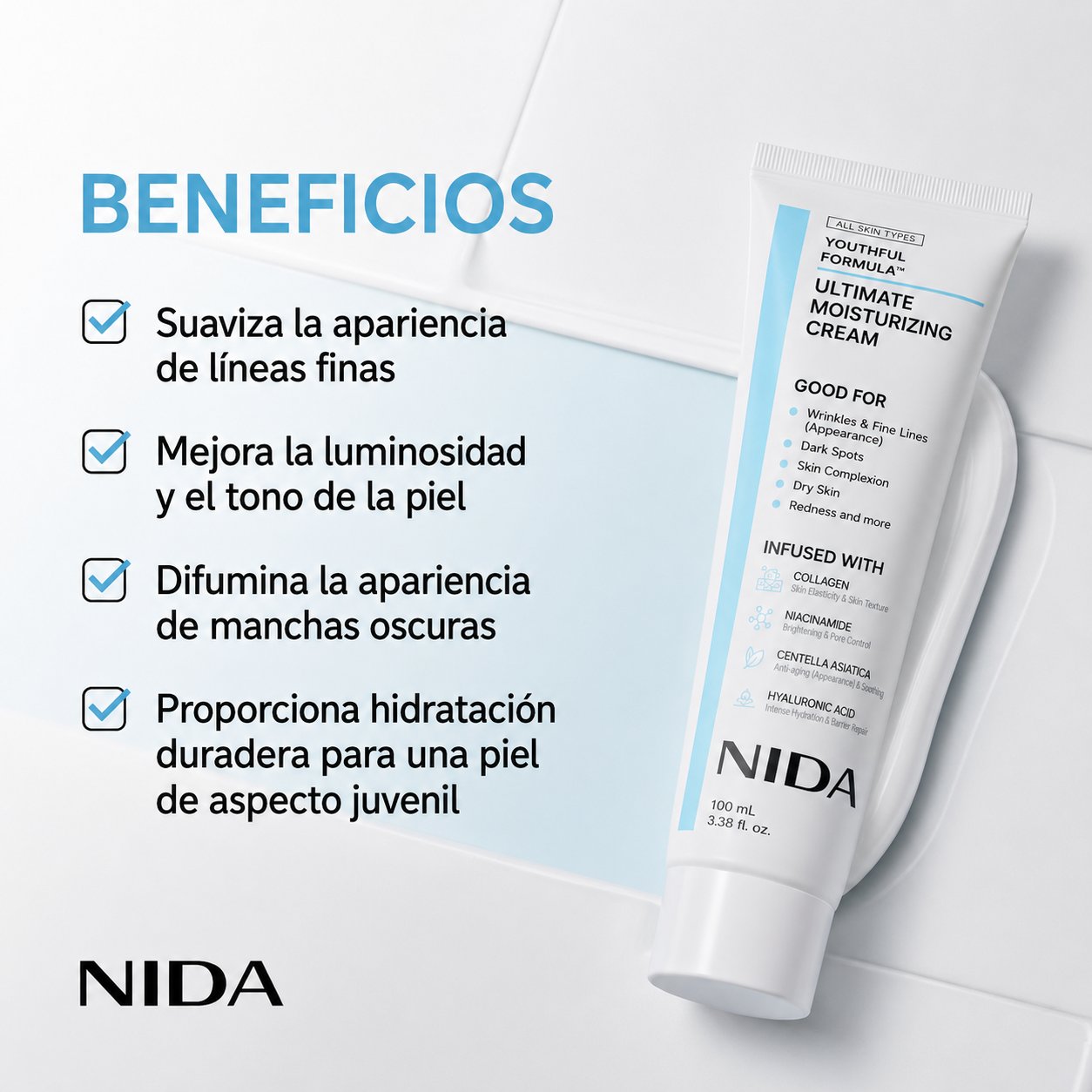 Crema Nida Antiedad Colágeno Niacinamida Centella y Hialurónico Youthful Formula