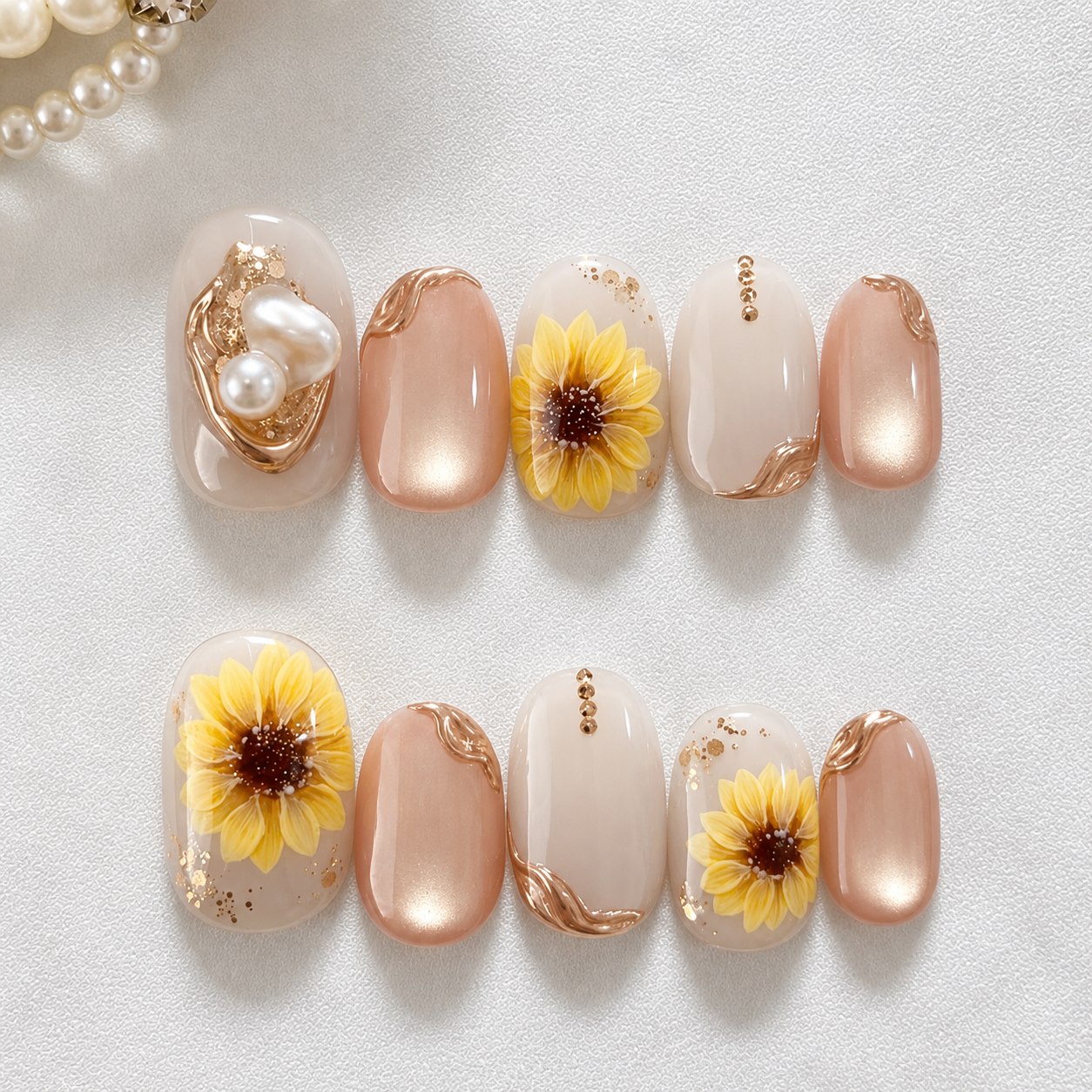 Uñas Press On Sunflower Pearl Detalles Dorados Nude