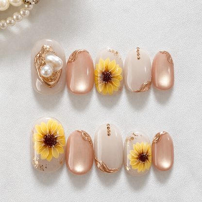 Uñas Press On Sunflower Pearl Detalles Dorados Nude