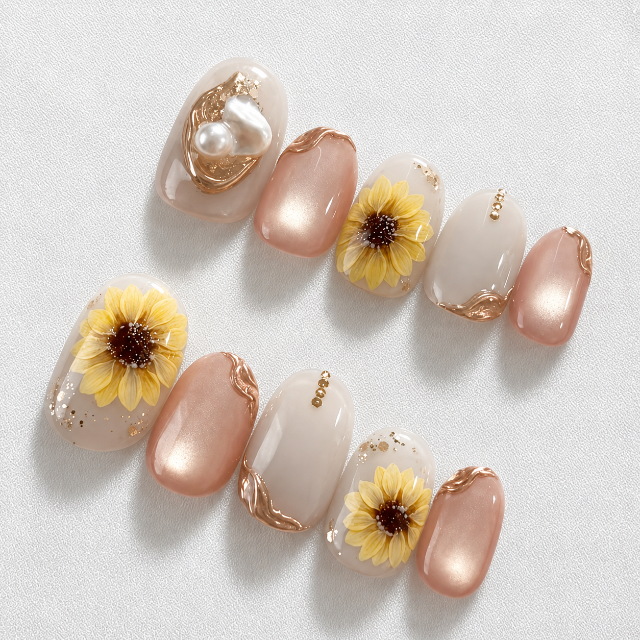 Uñas Press On Sunflower Pearl Detalles Dorados Nude