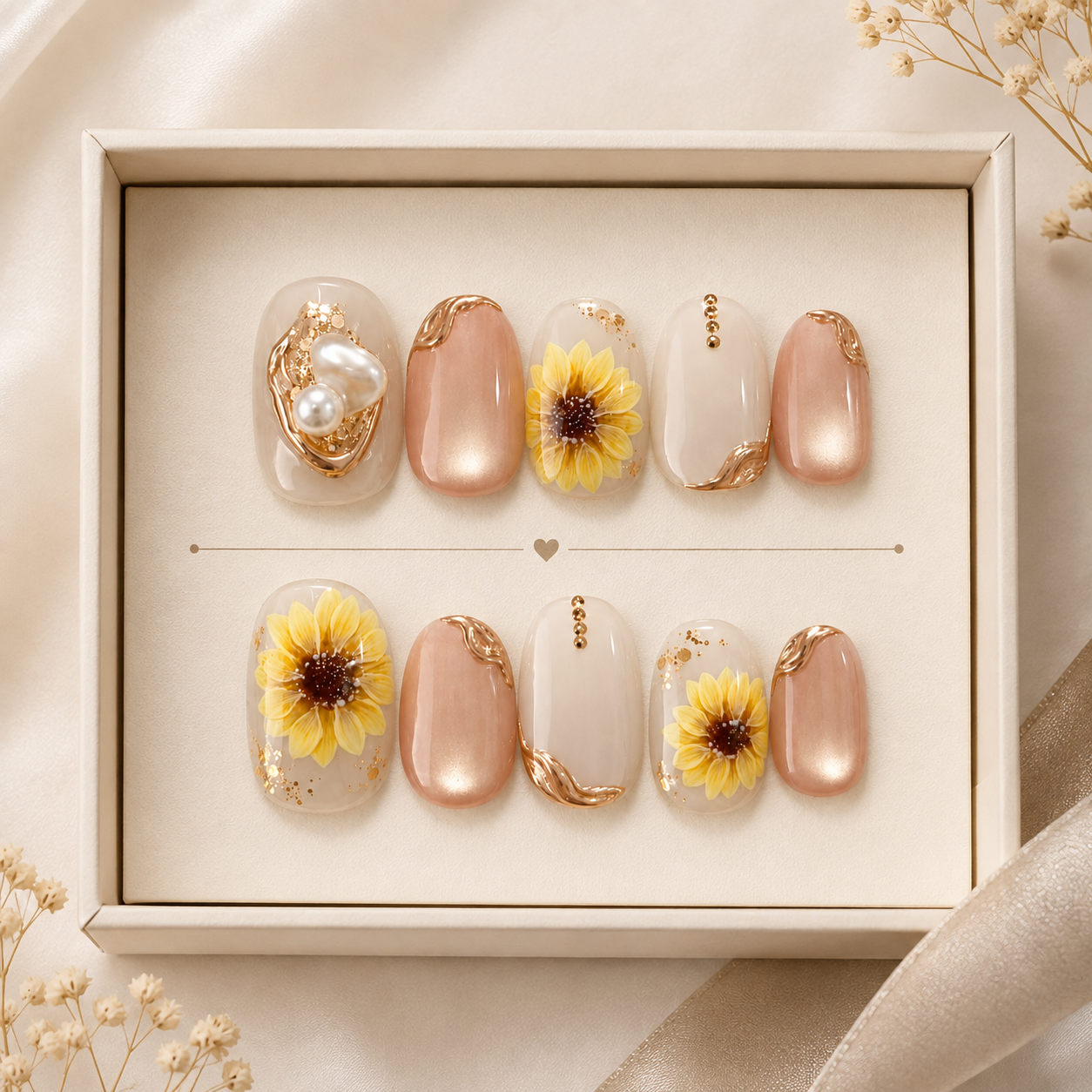 Uñas Press On Sunflower Pearl Detalles Dorados Nude