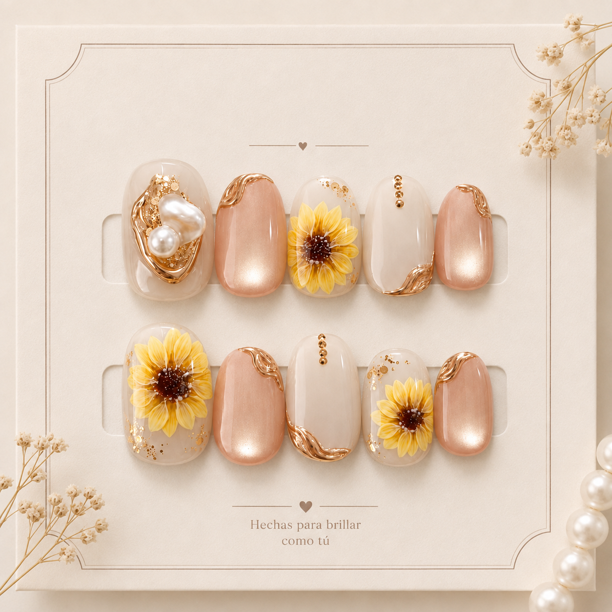 Uñas Press On Sunflower Pearl Detalles Dorados Nude