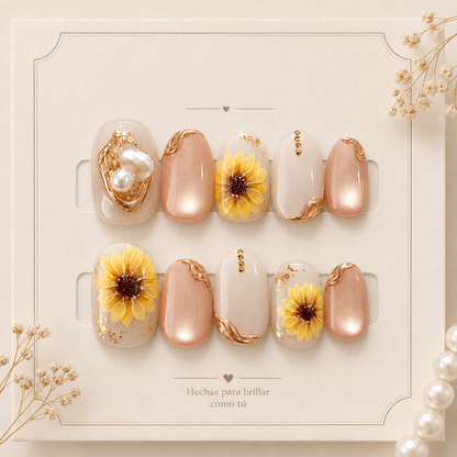 Uñas Press On Sunflower Pearl Detalles Dorados Nude