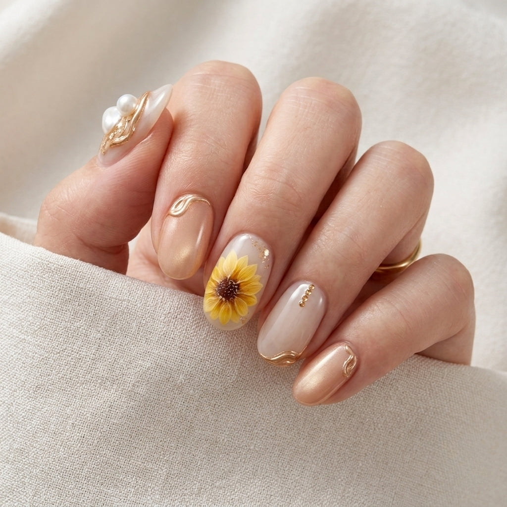 Uñas Press On Sunflower Pearl Detalles Dorados Nude