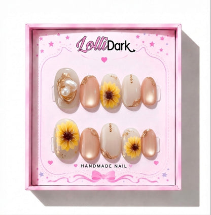 Uñas Press On Sunflower Pearl Detalles Dorados Nude