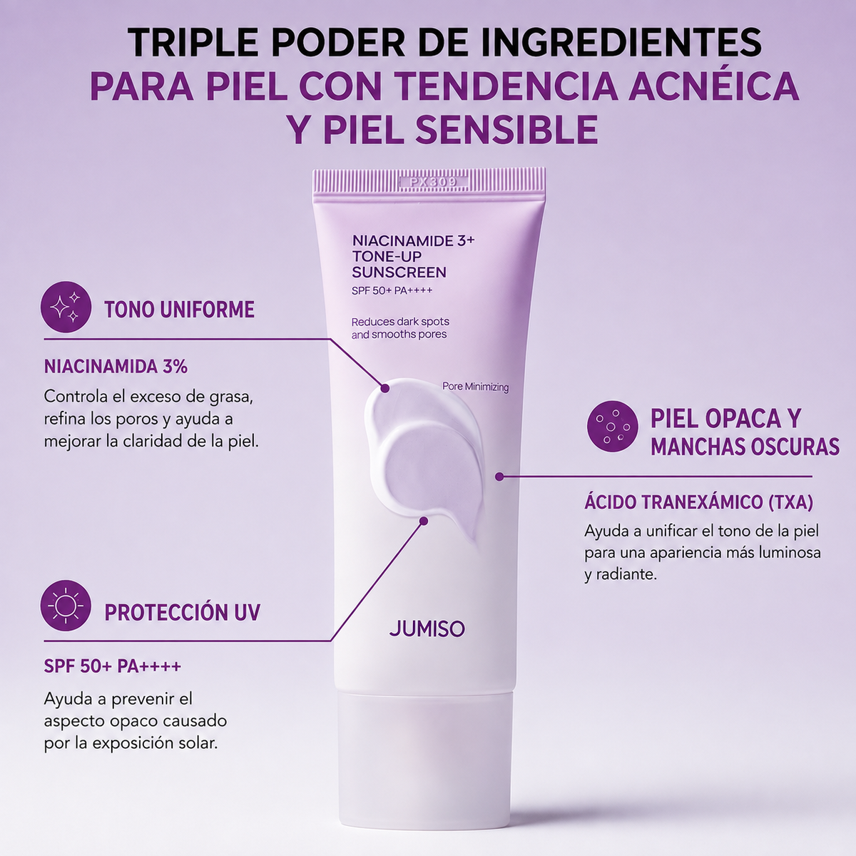 Bloqueador Solar Tone-Up Niacinamida 3+ TXA Glutatión SPF50+ PA++++ Jumiso