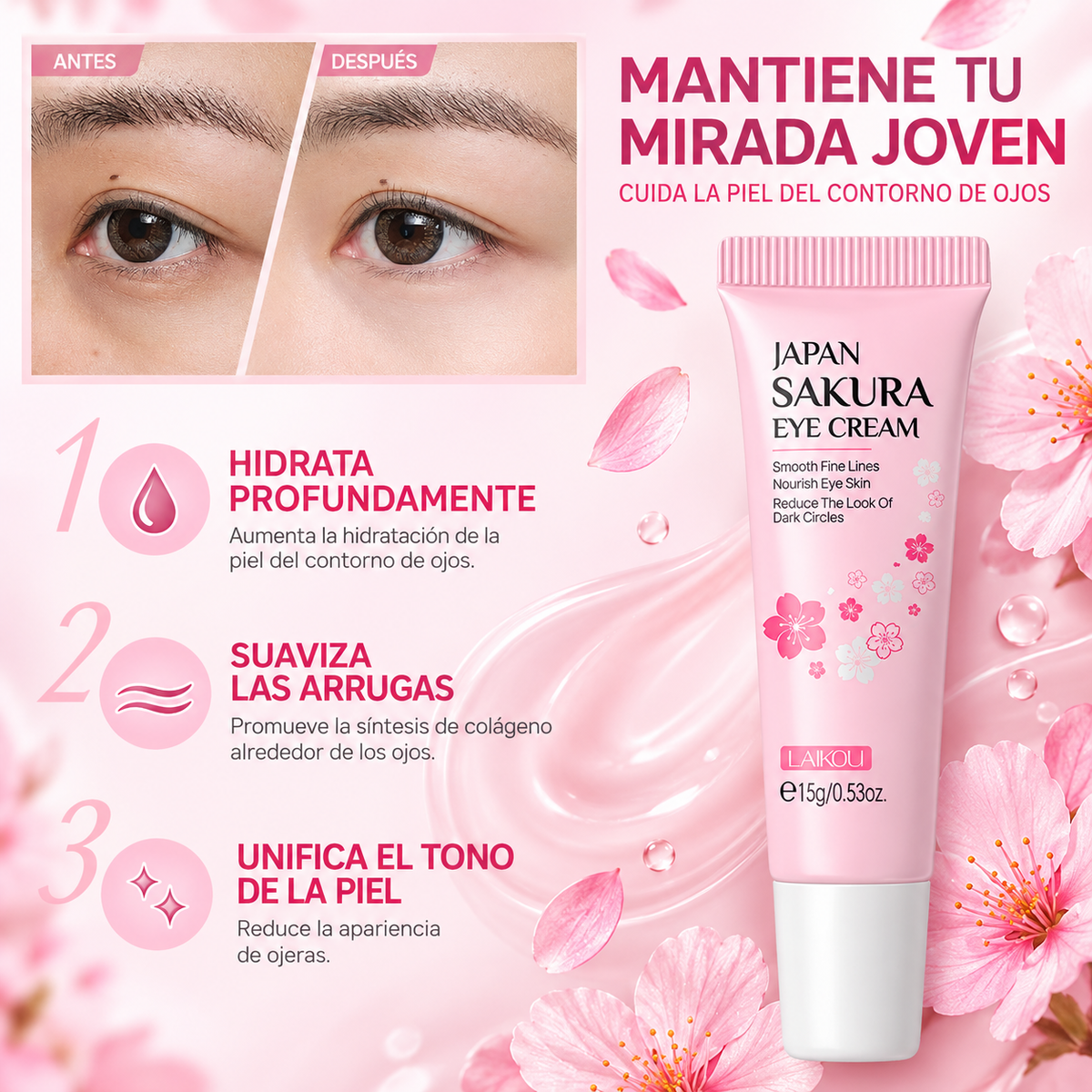 Crema Contorno de Ojos Reafirmante Sakura Antiojeras y Antiedad LAIKOU