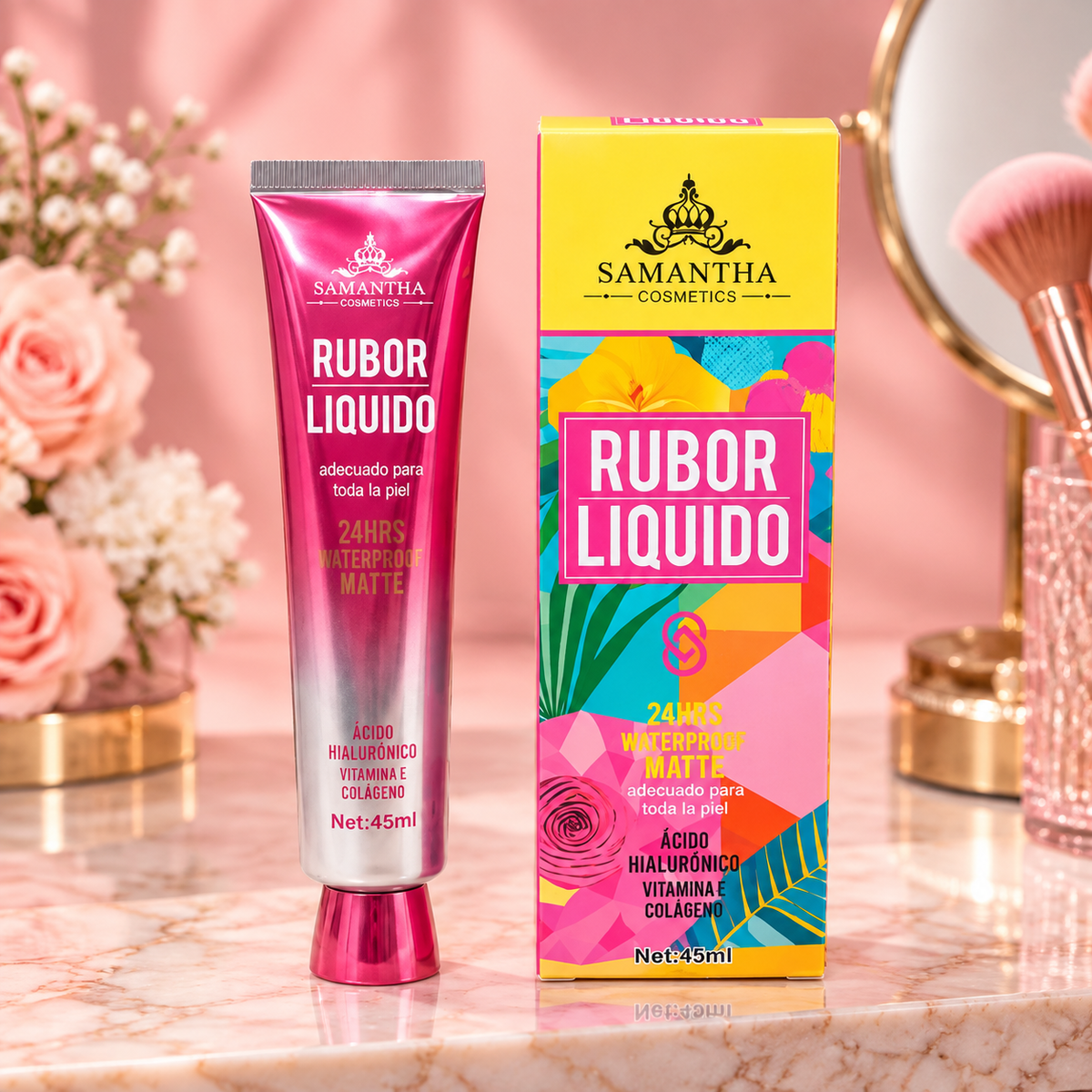 Rubor Líquido Adaptable al pH Mate Waterproof 24H con Ácido Hialurónico, Vitamina E y Colágeno 45ml Samantha Cosmetics