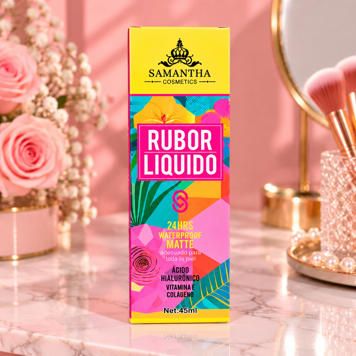 Rubor Líquido Adaptable al pH Mate Waterproof 24H con Ácido Hialurónico, Vitamina E y Colágeno 45ml Samantha Cosmetics