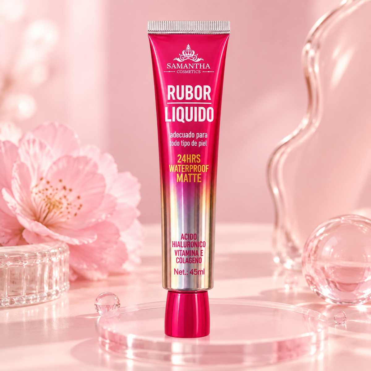 Rubor Líquido Adaptable al pH Mate Waterproof 24H con Ácido Hialurónico, Vitamina E y Colágeno 45ml Samantha Cosmetics