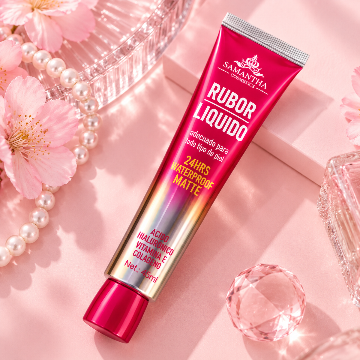 Rubor Líquido Adaptable al pH Mate Waterproof 24H con Ácido Hialurónico, Vitamina E y Colágeno 45ml Samantha Cosmetics