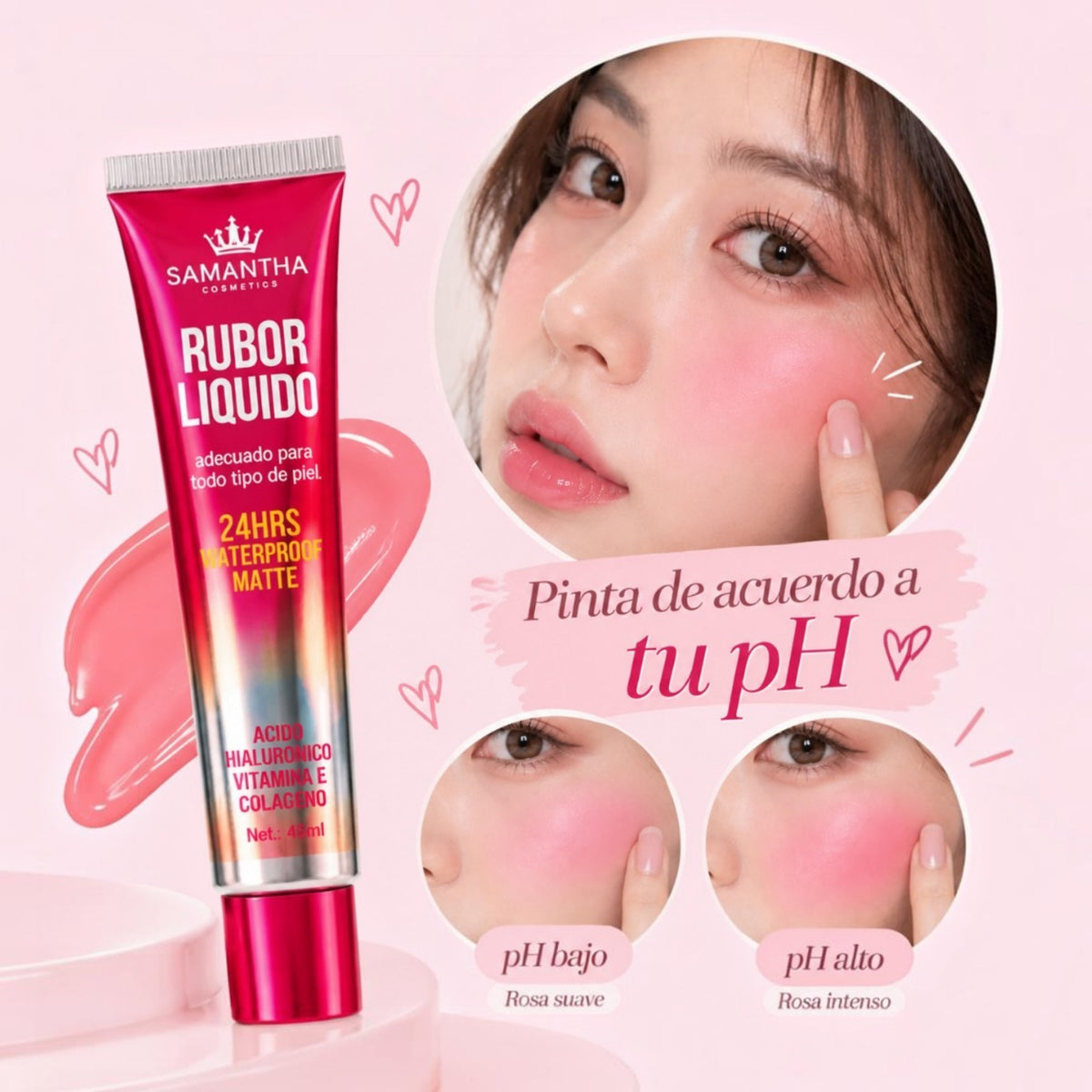 Rubor Líquido Adaptable al pH Mate Waterproof 24H con Ácido Hialurónico, Vitamina E y Colágeno 45ml Samantha Cosmetics