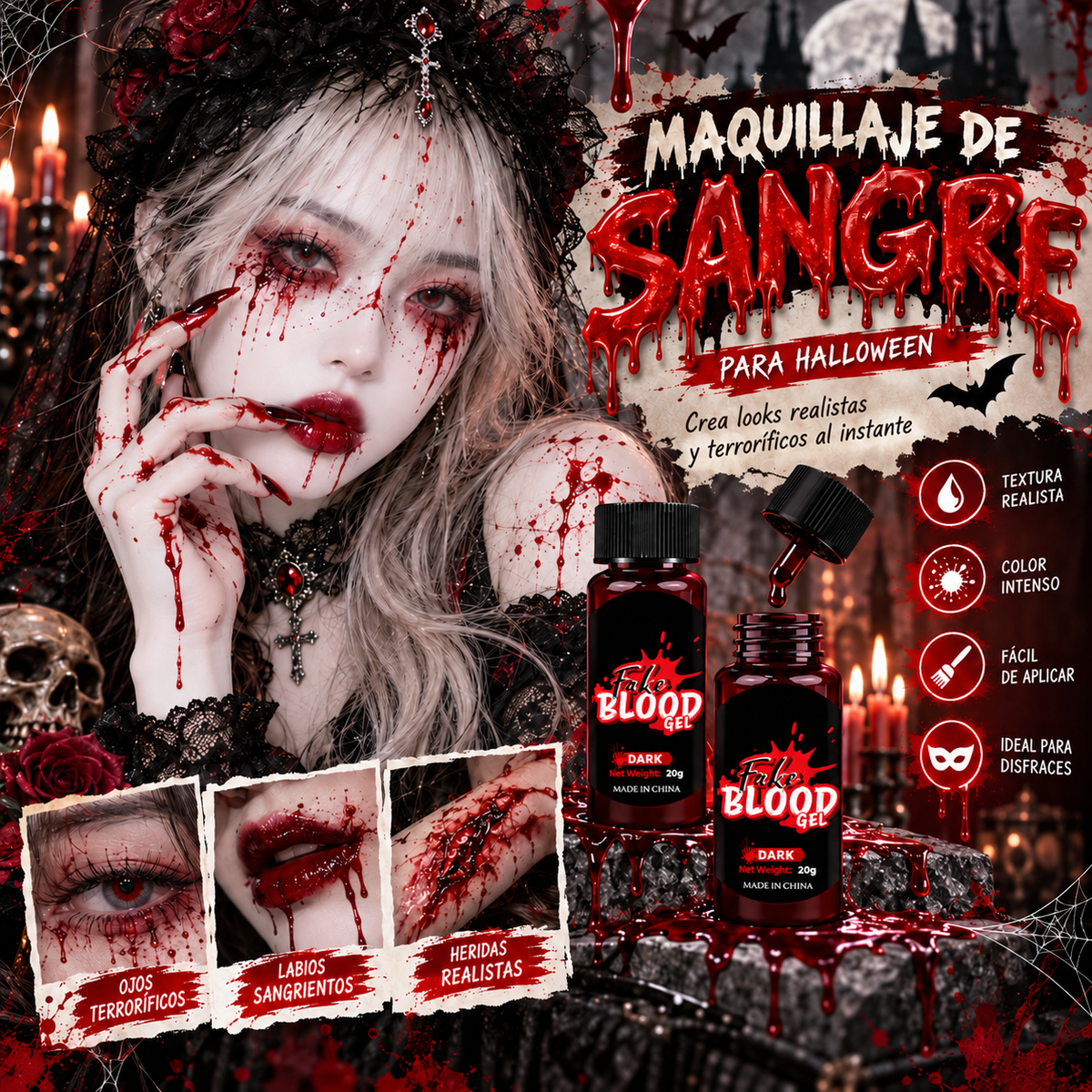 Sangre Falsa en Gel Rojo Oscuro para Halloween, Cosplay y Caracterización Fake Blood Dark