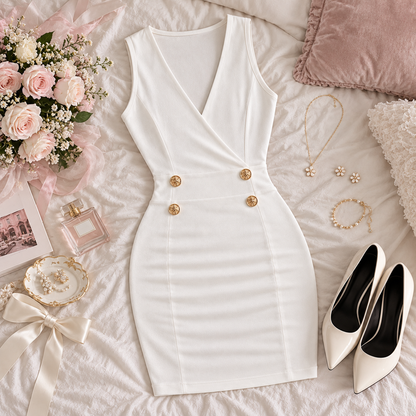 Vestido Escote en V Botones Dorados Elegance Gold