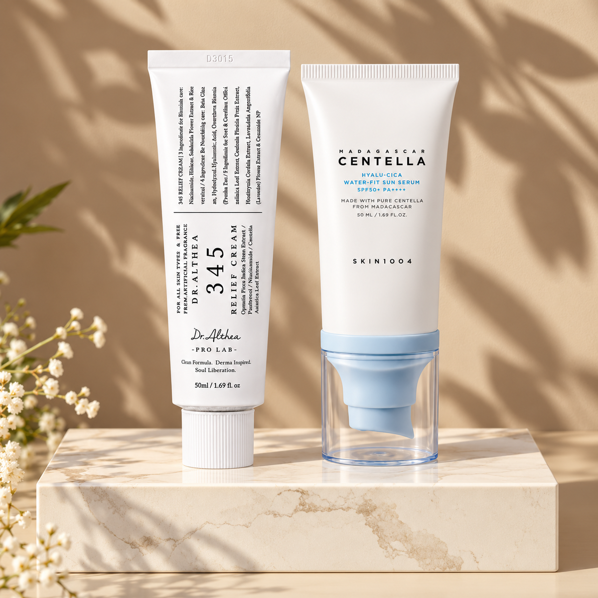 Dúo Crema 345 Dr. Althea y Bloqueador Solar  Hyalu-Cica Centella SKIN1004