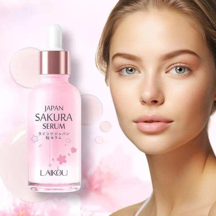 Serum Sakura japonés LAIKOU, cuidado facial coreano, mujer con piel radiante y frasco rosa