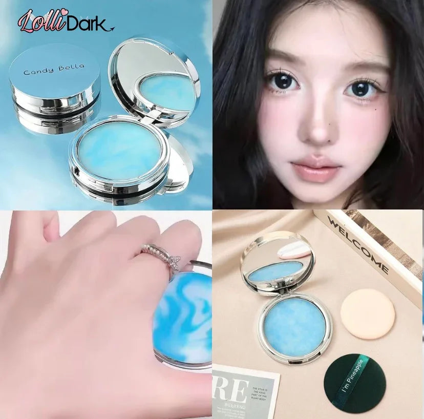Base cushion coreana Candy Bella azul, rostro femenino con maquillaje suave, accesorios de belleza.