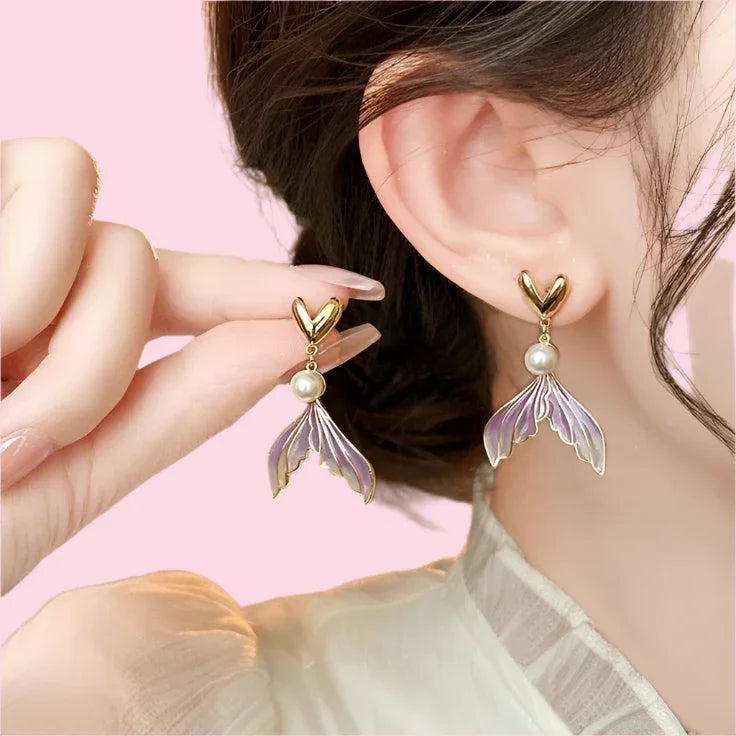 Aretes colgantes de cola de sirena dorados y perla, accesorios de moda coreana