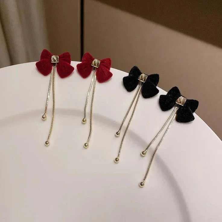 Aretes coreanos de lazo en rojo y negro con cadenas doradas, accesorios de moda