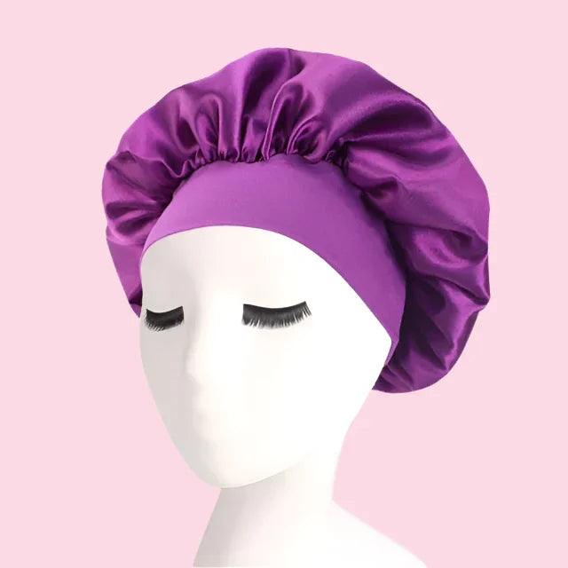 Gorro de satén morado para cabello, ideal para cuidado capilar nocturno