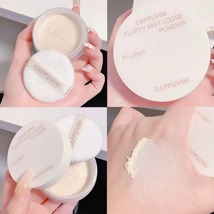 Polvo suelto coreano Cappuvini tono claro, maquillaje con esponja y muestra en piel