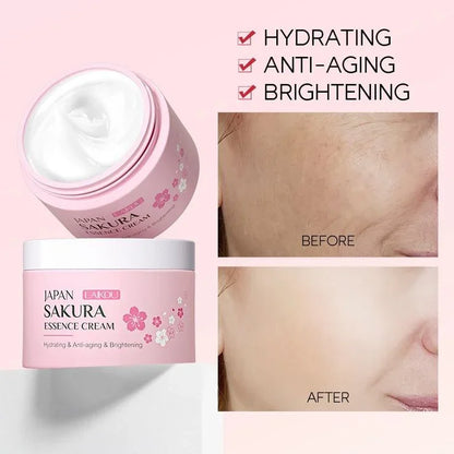Crema facial hidratante Sakura Essence con efecto antiedad y aclarador, muestra antes y después en piel.