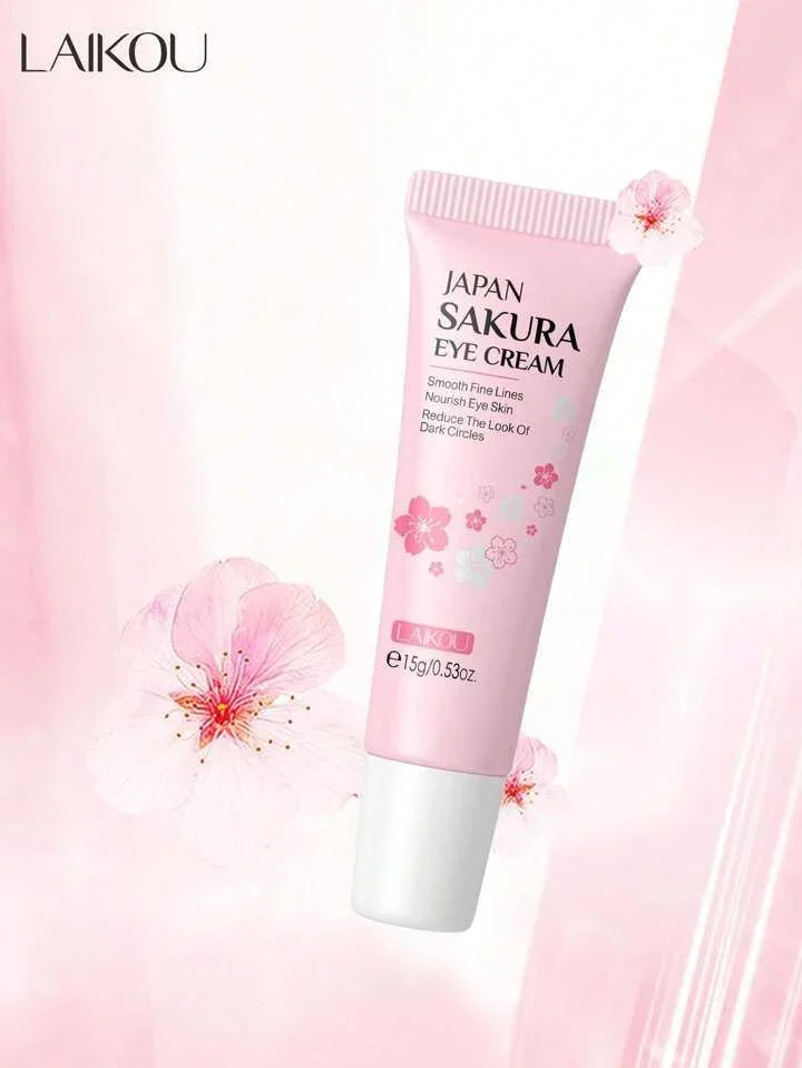 Crema hidratante de ojos antiarrugas con flor de sakura en envase rosa, cuidado facial coreano.