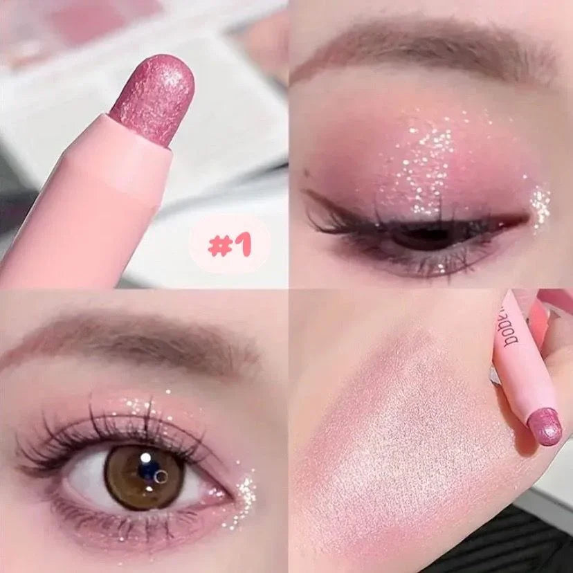 Lápiz de sombra coreana rosa brillante aplicado en ojos y mejillas, maquillaje K-beauty.