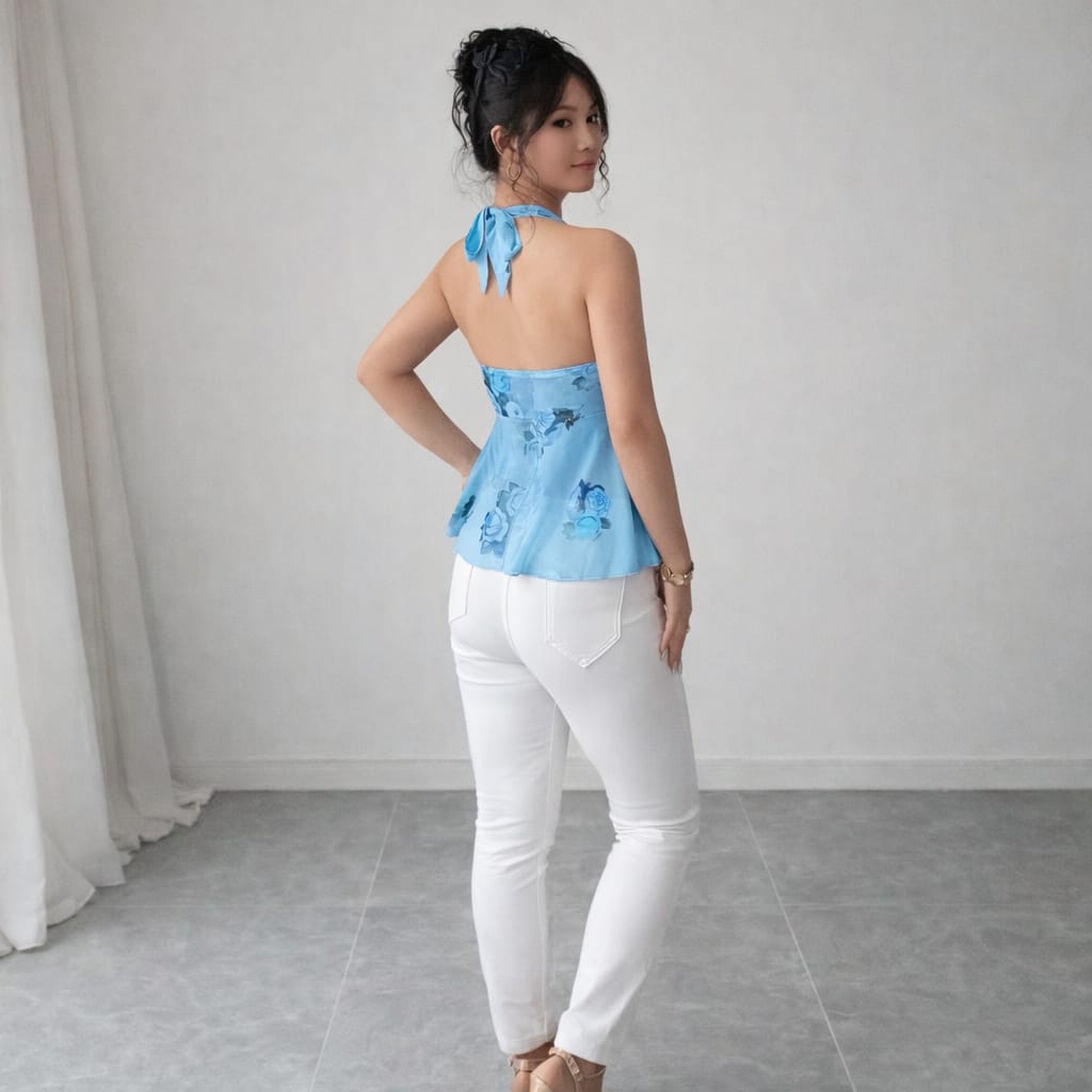 Top Halter Floral Azul Escote Corazón Corte Peplum Blue Bloom