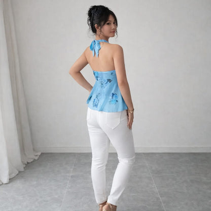 Top Halter Floral Azul Escote Corazón Corte Peplum Blue Bloom