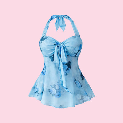 Top Halter Floral Azul Escote Corazón Corte Peplum Blue Bloom