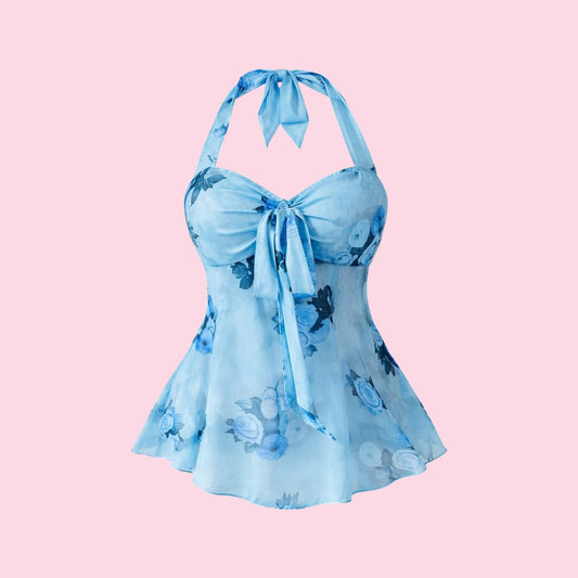 Top Halter Floral Azul Escote Corazón Corte Peplum Blue Bloom