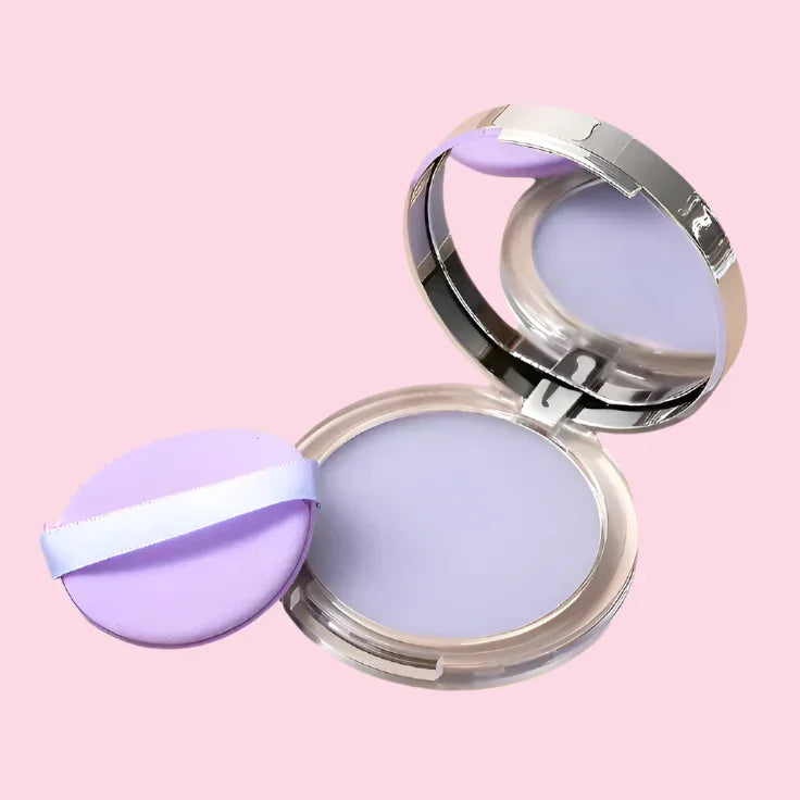 Polvo compacto coreano lila para rostro con esponja y espejo, maquillaje facial.