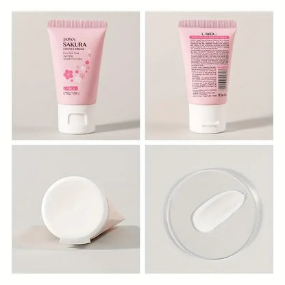 Crema facial japonesa Sakura en tubo rosa, foto de producto y textura de crema.