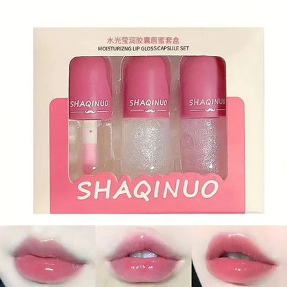 Set de brillos labiales hidratantes SHAQINUO color rosa, labios con acabado glossy